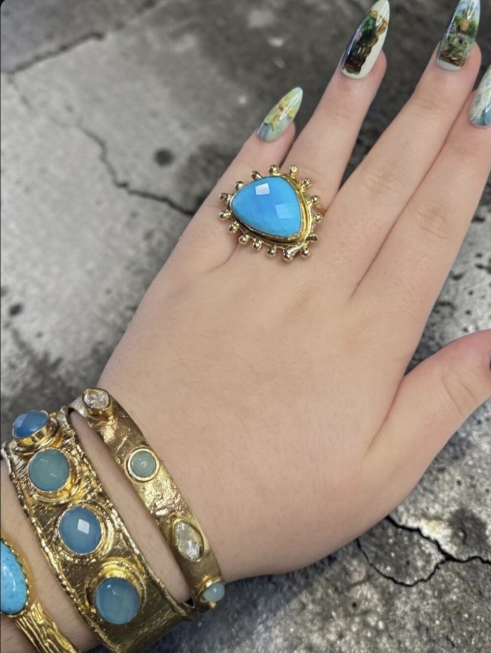 18k Gold Plated Chunky Genuine Turquoise Stone Studded Statement Ring